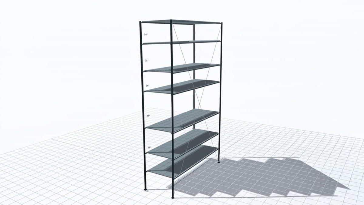 A custom rack shown in a dimensioned 3D design preview
